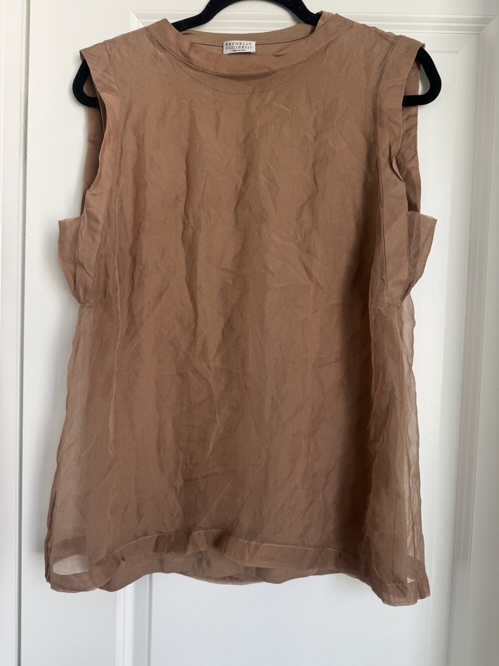 BRUNELLO CUCINELLI Tan Double Layer Sheer Organza-Style Cotton Top Blouse XL
